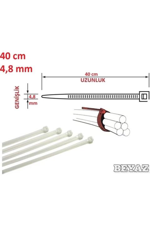 Pemsan 40cm X 4,8mm Plastik Cırt Kelepçe ( Kablo Bağı ) Saydam-beyaz