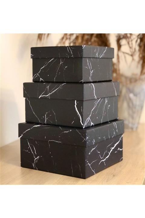 HENO BUTİK Siyah Mermer Tasarımlı 3'lü Kutu