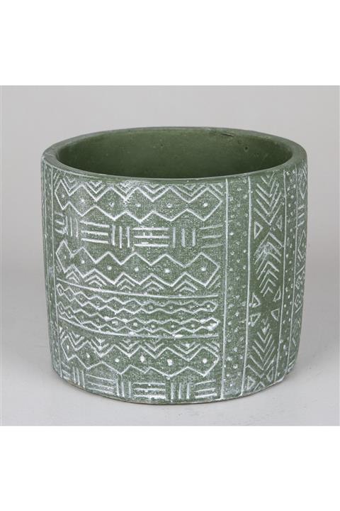 VeraMaya Etnik Desenli Büyük Yeşil Beton Saksı 17x14,5 Cm