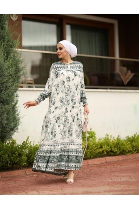 NS Suud Robalı Çiçekli Elbise Yeşil Model-137