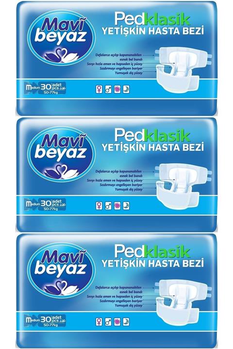Mavi beyaz Ped Klasik Yetişkin Bel Bantlı Hasta Bezi Medium Orta 90 Adet