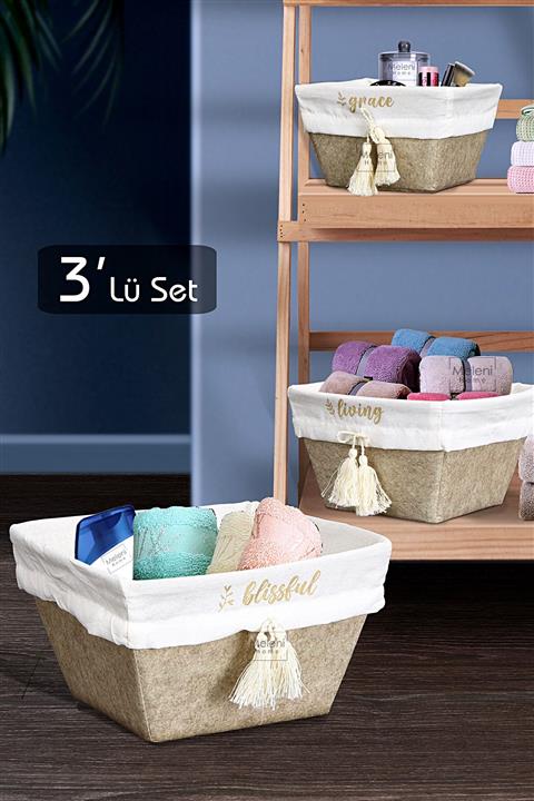 Meleni Home 3'lü Set Keçe Kare Düzenleyici Kutu - Çok Amaçlı Sepet Organizer Mega - Maxi - Mini Bej