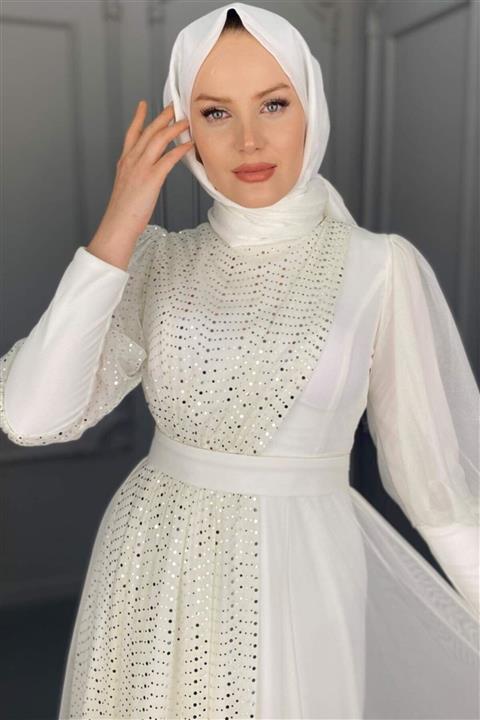 Hülya Keser Puanlı Tül Elbise - Ekru