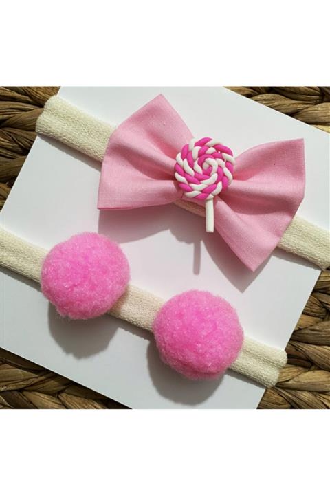 Baby Minnak Kız Bebek Çocuk 2’li Lolipoplu - Ponponlu Pembe Fiyonk Bandana Seti