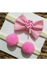 Baby Minnak Kız Bebek Çocuk 2’li Lolipoplu - Ponponlu Pembe Fiyonk Bandana Seti