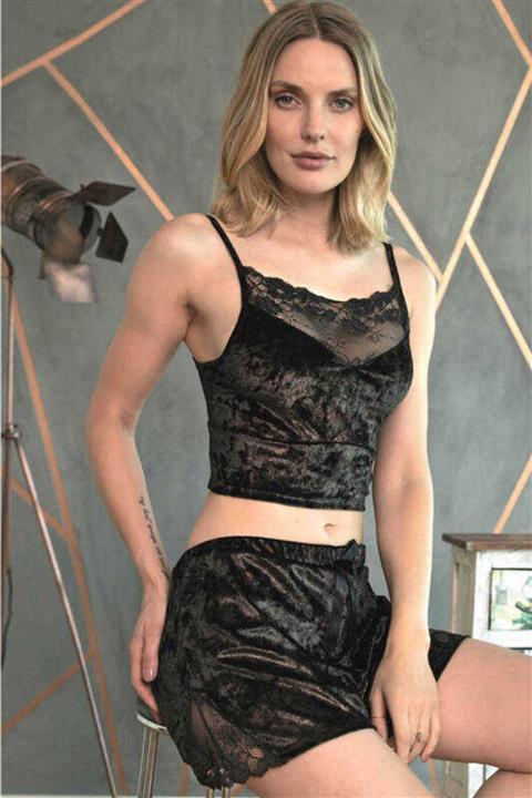 Anıl Kadın Siyah Dantel Detaylı Kadife Şortlu Takım 9669