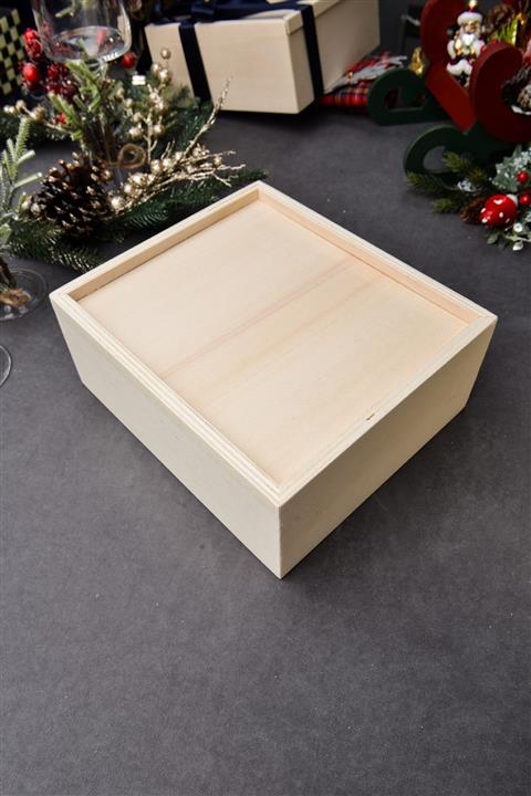 LUCIA Doğal Ahşap Kutu, Sürgü Kapaklı Orta Boy Hediye Kutusu 22x22x11 Cm, Hediye Veya Saklama Kutusu
