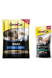 Gimcat 4 Adet Kedi Ödülü 2 Sticks Somonlu Ve Alabalıklı 20 gr + 2 Nutri Pockets Dental 60 gr