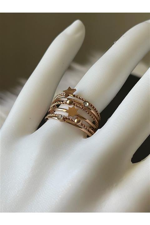 FASHİON JEWELRY G&g Aksesuar Kadın Çelik Rose Rengi Yıldızlı Çoklu 17 Size Yüzük Tt434