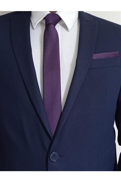 PERFECT HARMONY Mor Armür Desenli Ince 5.5 Cm Kravat Mendil Seti