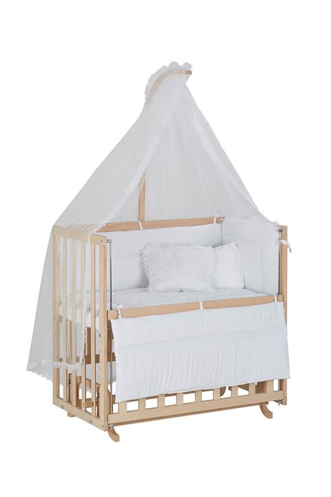 Babycom Anne Yanı Naturel Boyasız 50*90 Ahşap Beşik + Beyaz Uyku Seti