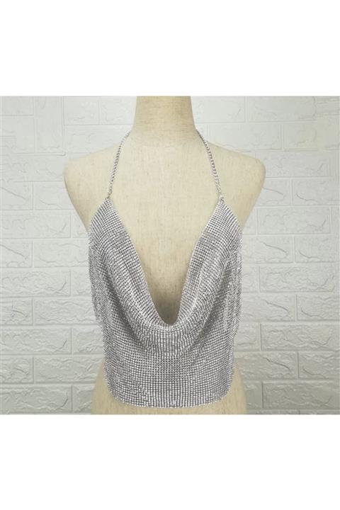 nuit dose Rhinestone Gümüş Zırh Croptop