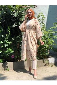 VEPAŞ Bordo Beli Kuşaklı Desenli Oversize Kimono