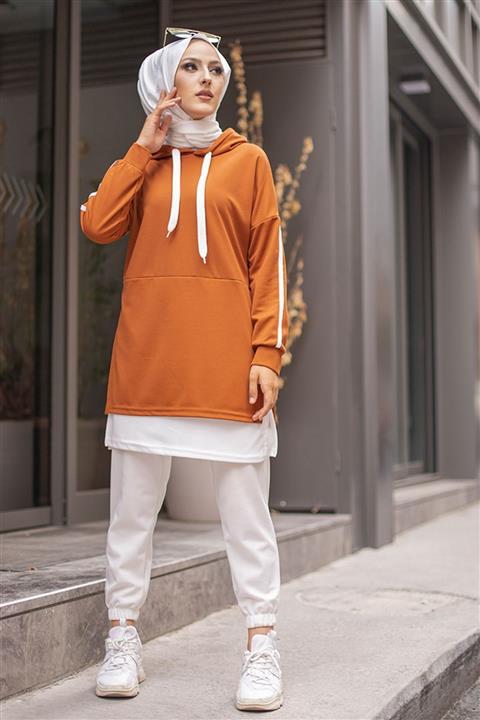 TOFİSA Kadın Kiremit Kapüşonlu Sweatshirt Tunik