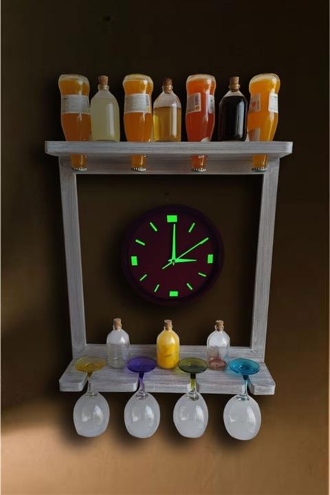 Bahat Fosforlu Duvar Saati Ahşap Mutfak Rafı Terek Kadehlik Seti 44*50 Cm