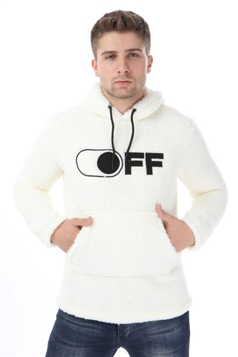 1000LAKE Erkek Beyaz Peluş Kanguru Cepli Kapüşonlu Nakışlı Hoodie Sweatshirt