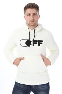 1000LAKE Erkek Beyaz Peluş Kanguru Cepli Kapüşonlu Nakışlı Hoodie Sweatshirt