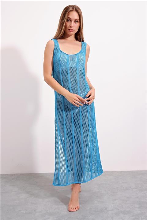CHUBA Kadın Turkuaz New Summer File Örgü Yırtmaçlı Uzun Plaj Elbisesi 21s703
