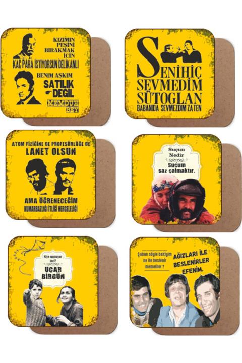 Hayat Poster Yeşilçam Temalı-4 Retro Ahşap Bardak Altlığı Seti  6 Adet