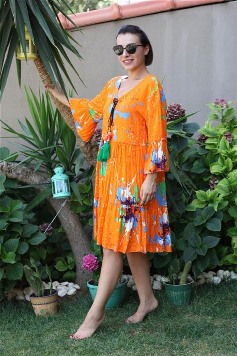 FAZZA FABRİKA Oranj Püskül Detay Plaj Elbisesi