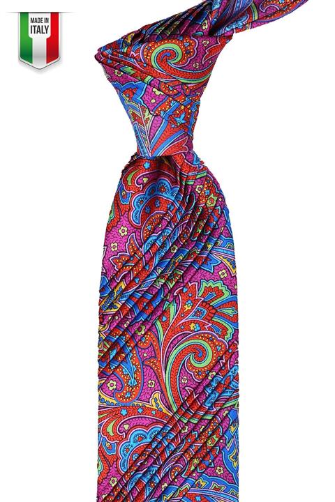 Kravatkolik Fuşya Şal Desen Piliseli Ipek Kravat Est130