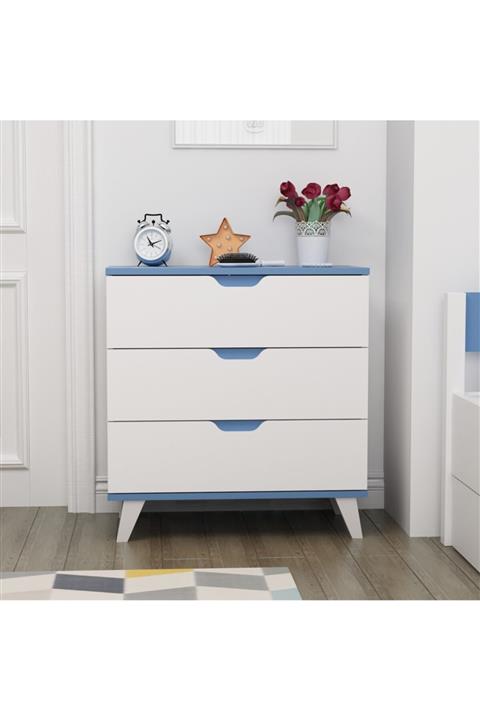 BMdekor Blue 3 Çekmece Beyaz Mavi Şifonyer