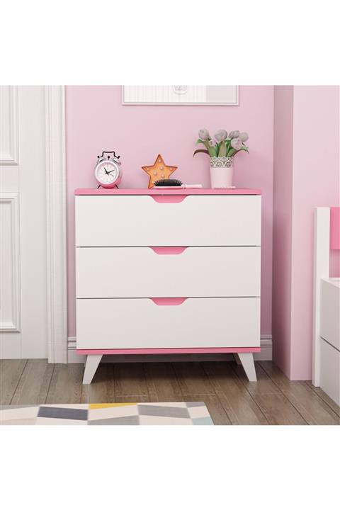 BMdekor Valencia 3 Çekmece Beyaz Pembe Şifonyer