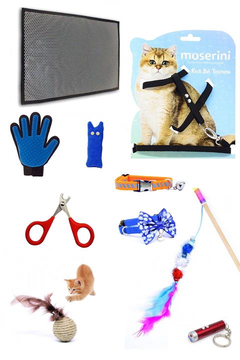 Moserini Kedi Başlangıç Paketi, 10 Parça Oyun - Bakım - Temizlik - Tasma Seti-luxury Paket