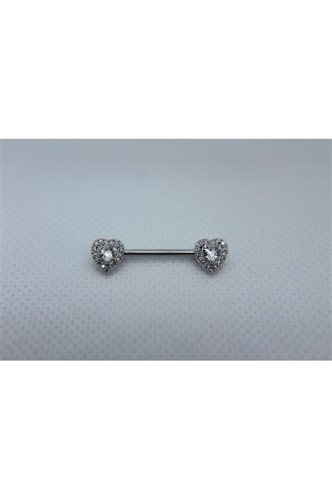 Btn Piercing Gümüş Kalp Taşlı Göğüs Ucu Piercing