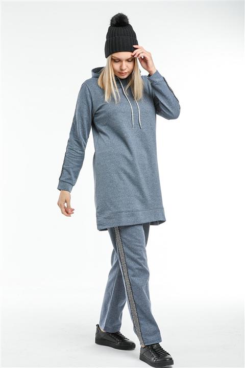 CNG MODA Kadın Tesettür Indigo Kapüşonlu Kol Şeritli Eşofman Takımı