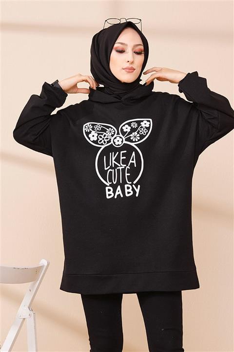 TOFİSA Kadın Siyah Kapüşonlu Tunik  7877372