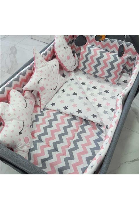 uykucubebe 70x120 Park Besik Uyku Seti 10 Parca Pembe Zikzakli 1875 Kombin