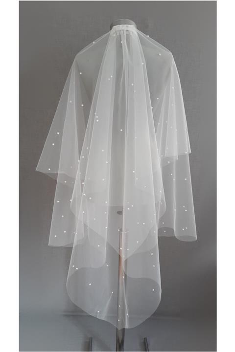 Suzanna Moda Fildişi Renk Incili Ucu Sivri Kenarı Düz Duvak