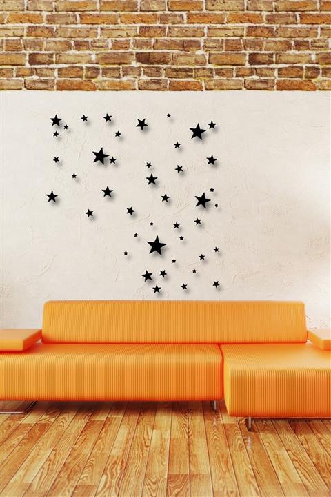 NT Handmade Siyah Ahşap 100 Adet Yıldız Duvar Dekoru - Salon Oturma Yatak Odası Mutfak Için Tablo Seti