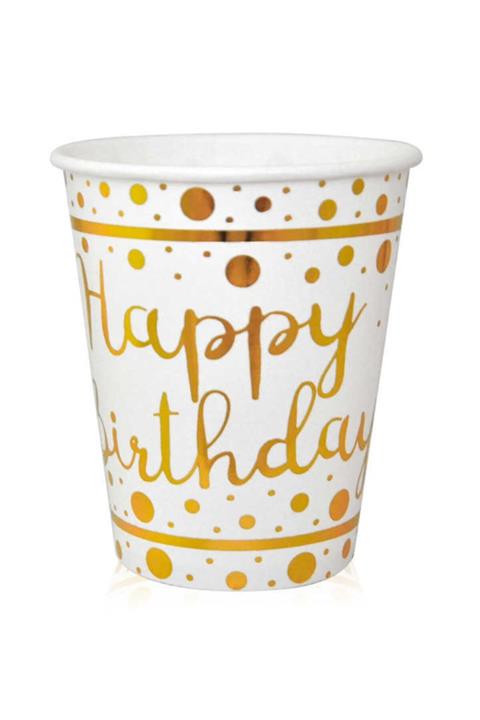 whiteavm Bardak Gold Happy Bırthday Parlak Varak Baskılı 8 Oz Beyaz Pk:6