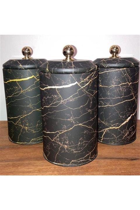 Arrita Home 3'lü Metal Siyah Yuvarlak Mermer Desen Çok Amaçlı Saklama Kutusu Çay Kahve Şekerlik