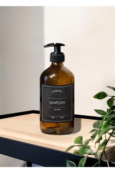 GO BLOBS 500ml Amber Kahverengi Cam Şişe Şampuan Siyah Etiketli