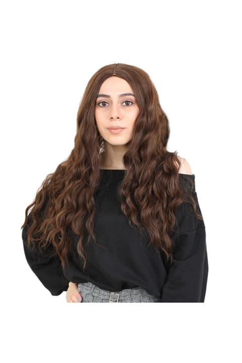 Peruk Market Su Dalgası Uzun Perçemsiz Fiber Sentetik Peruk - Kahve Karamel