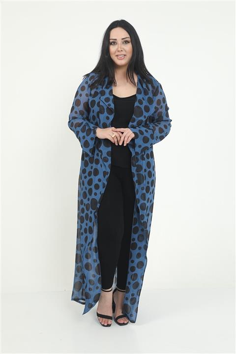 DISENTIS MODEST Kadın Indigo Büyük Beden Mendil Yaka Puanlı Kolları Yırtmaç Detaylı Uzun Kimono