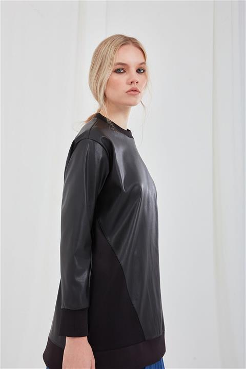 Katre Mızalle Suni Deri Bisiklet Yaka Siyah Sweatshirt