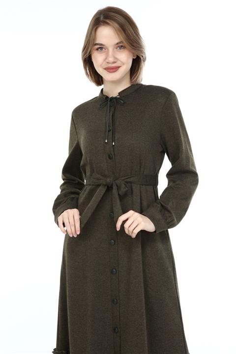 Jamila Fırfırlı Deri Biyeli Kışlık Ferace-haki