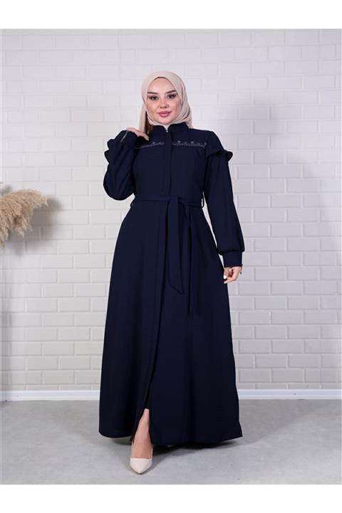 GLR&GYM Defne Lacivert Roba Nakışlı Fermuarlı Kol Fırfırlı Bel Kuşaklı Etamin Ferace