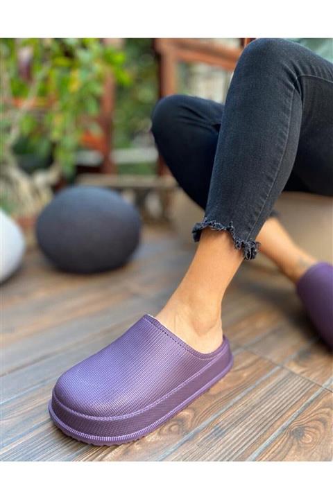 EGHOMEDESIGN Mor Mat Faylon Taban Içi Tüylü Kadın Ev Terliği