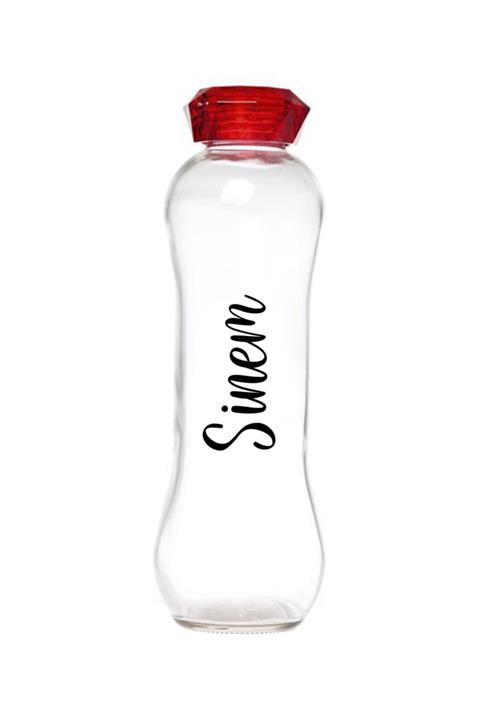 Ayzi Tasarım Kristal Kırmızı Kapak Cam Su Şişesi Matara Suluk Isme Özel 600 ml
