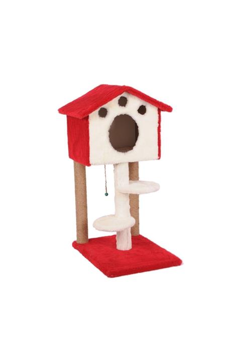 Cathause Kırmızı Cat Hause Kedi Tırmalama Platformlu Ev