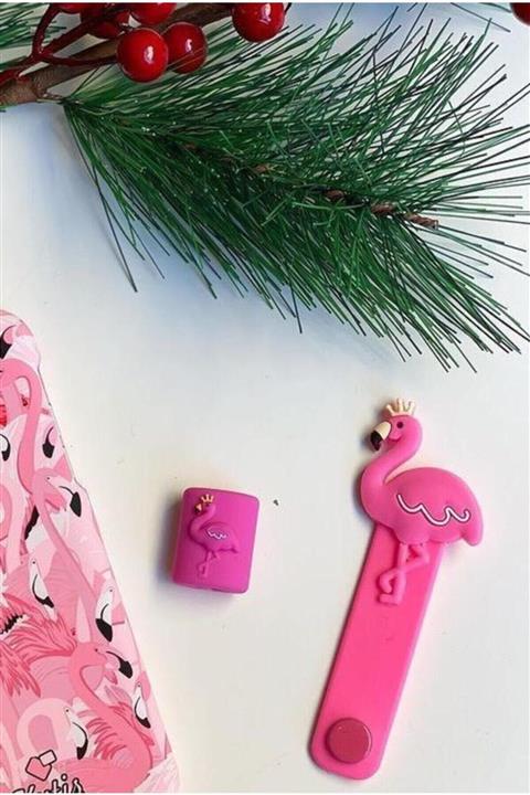 Telehome Sevimli Pembe Flamingo Kablo Koruyucu ve Toparlayıcı 2'li Set
