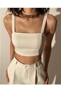 THE SIMPLE STYLE Ekru Kare Yaka Crop Top