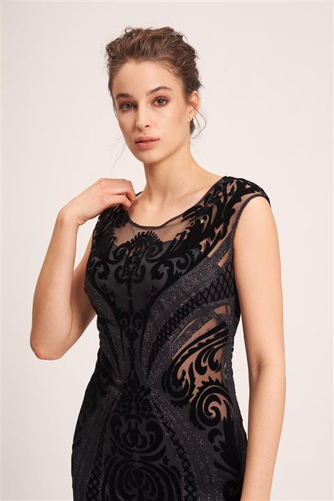 La Vita e Bella Siyah Portatif Astarlı Simli Flok Tasarım Uzun Abiye 1321