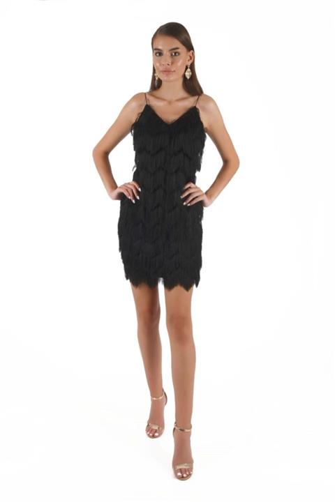 Carmen V Yaka Püsküllü Askılı Kısa Abiye Elbise