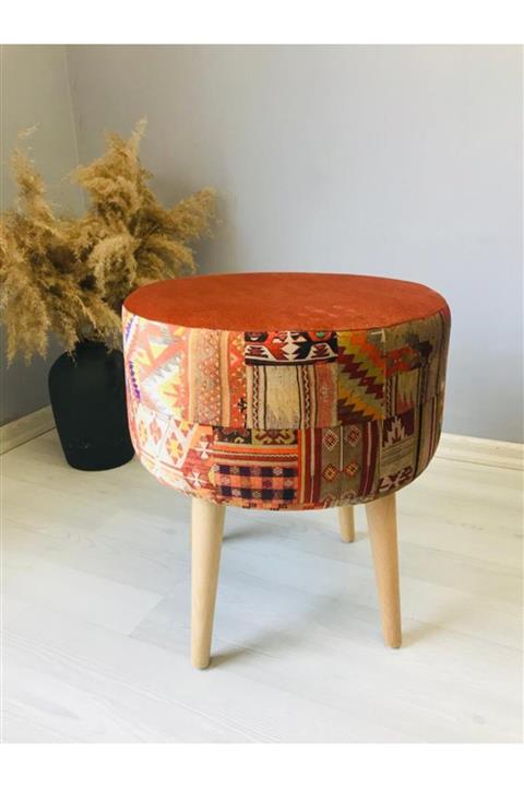 WEBPANYA Gürgen Retro Ahşap Ayaklı Dekoratif Etnik Desenli Retro Puf Bench Koltuk Sandalye